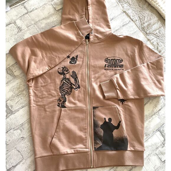 Homme Femme Pink Skeleton Hoodie Dusty Rose Full Zip Streetwear Graphic Zip Sz S - Picture 1 of 5